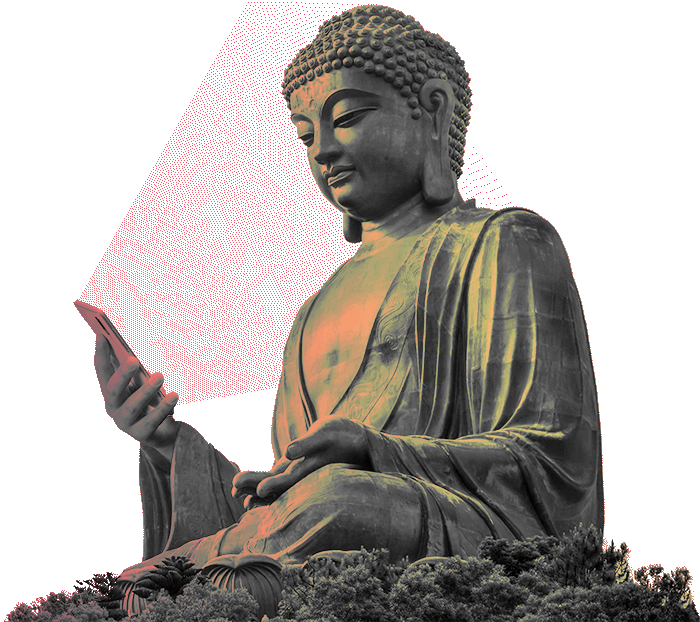 Buddha surft im Internet auf der Suche nach einem Partner für authentische Außenwirkung